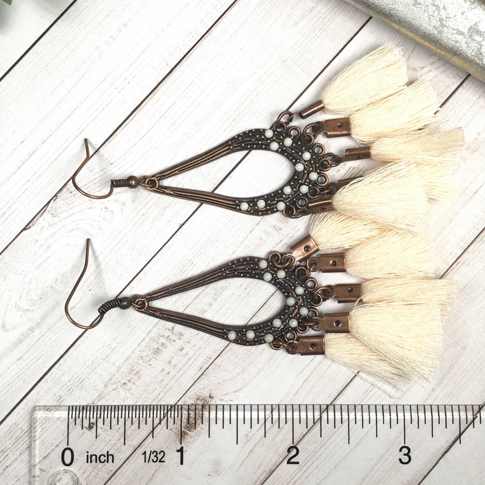 Cream Vintage Boho Tassel Drop Earrings - Picture 2 of 7